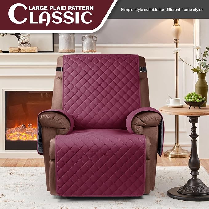 KinCam 100% Waterproof Recliner Chair Covers Washable, 25", Burgundy | Anti Slip Reclining Couch Covers for Pets Dog, Recliner Sofa Slipcover Storage Pocket, Furniture Protector with Elastic Strap - Image 2
