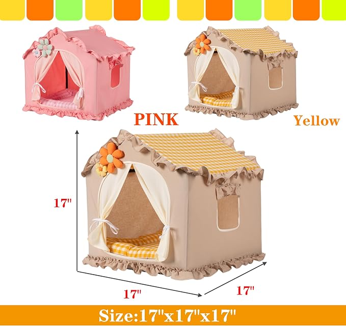 Yellow Indoor Cat House with Frame Foldable Breathable for Small Dog | Princess Style, Washable & Removable Cover, Dog House Indoor, Cute Cat Tent with Cover Cave,Medium:17"x17"x17" for 8-20 lb - Image 4