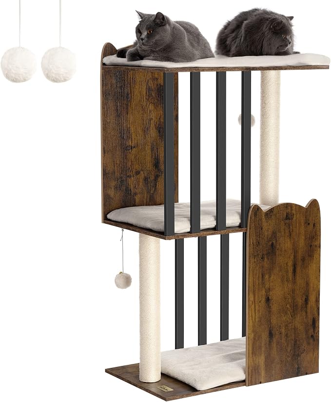 43.8in 3-Tier Modern Cat Tree Tower Condo, Cat Scratch Posts for Indoor Cats, Big Plate, Two 19.7in Full Sisal Scratching Posts, Rustic Brown by FourFurPets