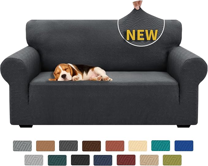 XINEAGE Stretch Jacquard Loveseat Cover, Non Slip Sofa Slipcover for Dog | High-Stretch Fabric. Wear-Resistant, Pet Friendly. Easy Install & Washable for Living Rooms, Offices.Dark Gray by XINEAGE