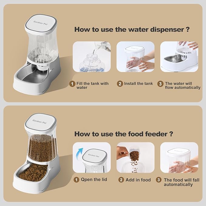 Automatic Pets Gravity Feeder and Water Dispenser Set, 1Gallon x 2 Stainless Steel Food Feeder and Waterer, 100% BPA-Free Water Bowl Dispenser for Small&Medium Dogs, Cats, Puppies(White) - Image 6