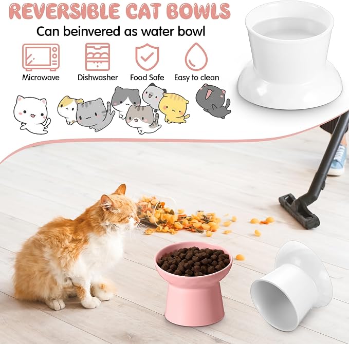 4 Pcs Ceramic Raised Cat Bowls, Elevated Tilted Cat Bowl for Food Water, Stress Free, Backflow Prevention, Dishwasher Microwave Safe, Feeder Dish for Indoor Kitten, Small Dogs(White and Pink) - Image 4