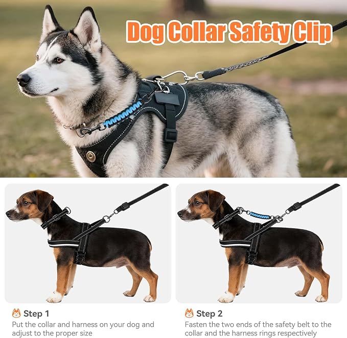 Dog Collar Safety Clip, Collar Companion, Handmade Backup Safety Strap, Double-Ended Clip Leash Connector, Suitable for Dog Harnesses, Prong, Pinch Collars (Black,Sky Blue, 1 Pack) - Image 2