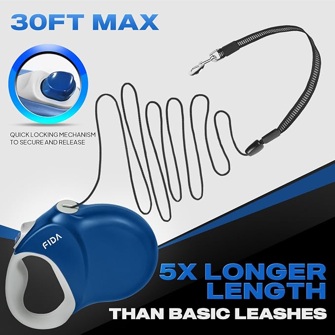 Fida Upgraded Retractable Dog Leash, 30ft, Heavy Duty, Blue | Long Walking Leash for Medium/Large Dogs up to 110 lbs, 360° Tangle-Free, Soft Grip, One-Hand Brake - Image 2