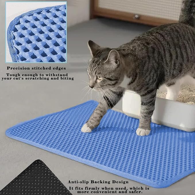 HCY&WLD Cat Litter Mat, Double Layer Cat Litter Box Mat (30x22 Inch, Blue) | Waterproof Urine-Proof Non-Slip Litter Trapping Mat, Soft on Kitty Paws, Scratch-Resistant, Scatter Control, Easy to Clean - Image 4