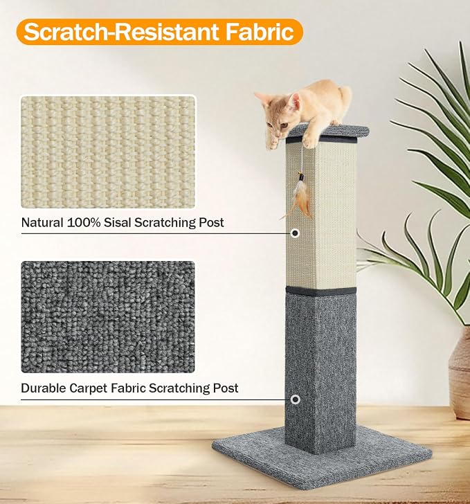 Made4Pets Cat Scratching Post for Indoor Cats, Sisal Carpet Scratcher, 32" | Dual Sisal & Carpet Surfaces, Full-Body Stretching, Stable Base, Hanging Toy for Cats with Different Scratching Preferences - Image 6