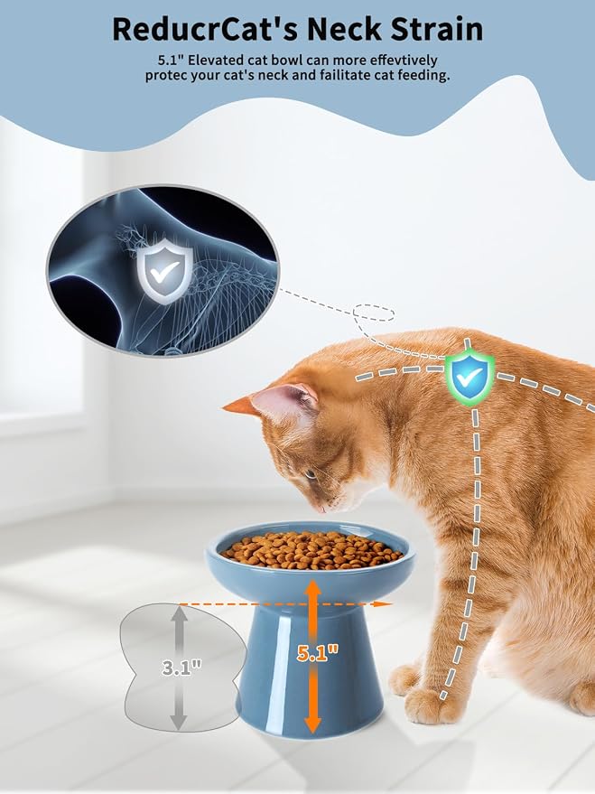 LoeJan Elevated Cat Food and Water Bowls Set, Extra Wide and Raised Ceramic Feeder, Anti-Vomit Whisker-Free Pressure Feeding Bowl for Kittens Adult Small Dogs, Deep Blue - Image 5