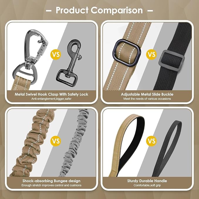 AUBELL Tactical Dog Leash Heavy Duty,4-6ft No Pull Bungee Leash,Brown | Reflective Dog Leash for Medium Large Dogs with Comfortable Padded Double Handle,Car Seat Belt,360 Degree Rotating Carabiner - Image 8
