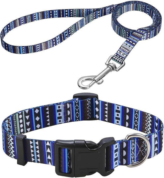Mihqy Dog Collar and Leash Set, for Small Dogs, Bohemian Blue Set,XS | with Bohemia Tribal Geometric Patterns, Adjustable for Small Medium Large Dogs, Comfortable for Walks and Outdoor Hikes by Mihqy