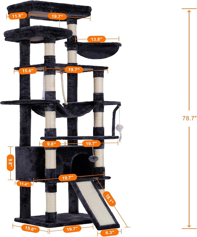 Heybly Tall Cat Tree 78-inch Multi-Level Cat Tower for Indoor Cats HCT033G | Cat Condo with 2 Widened Plush Perches, Multi-Level Cat Furniture with Scratching Board, Big Caves, Smoky Gray - Image 3