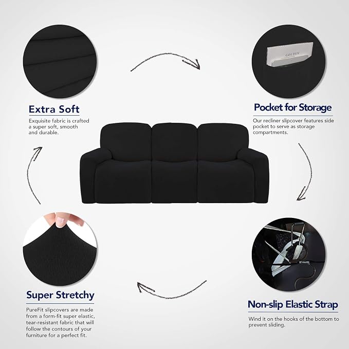 PureFit Super Stretch 3 Seats Recliner Sofa Couch Cover with Pocket | Non Slip Soft Sofa Slipcover, Washable Spandex Reclining Furniture Protector for Kids, Pets (Recliner Sofa, Black) - Image 3