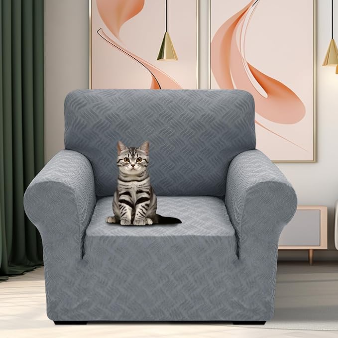 YEMYHOM Couch Cover Latest Jacquard Design High Stretch Sofa Chair Covers for Living Room, Pet Dog Cat Proof Armchair Slipcover Non Slip Elastic Furniture Protector (Small, Leaf Pattern Light Gray) - Image 2