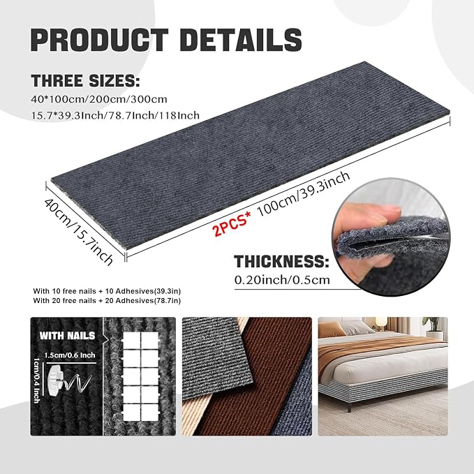 Cat Scratching Climbing Carpet Mat, Self-Adhesive Couch Furniture Protector | 78.7x15.8In Trimmable, Cat Scratch Post Covered Pad Replacement for DIY Tree Shelf Steps Couch Corner Wall, Darkgrey - Image 2