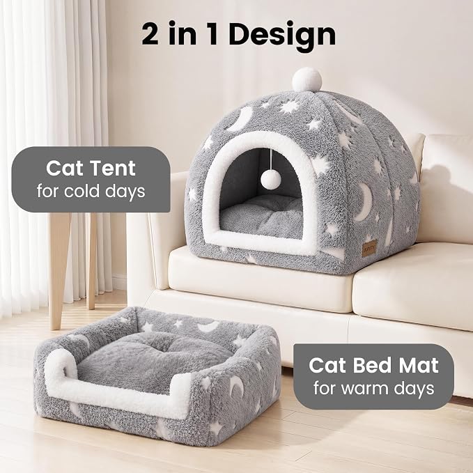 Glow in the Dark Cat Cave Bed, 2-in-1 Foldable Indoor Cat Tent Cat House | 17.3"x17.3"x18"Luminous Starry Cave with Removable Washable Cushion,Hanging Toy Ball,Non-Slip Bottom Mat for Cats Small Dogs - Image 4