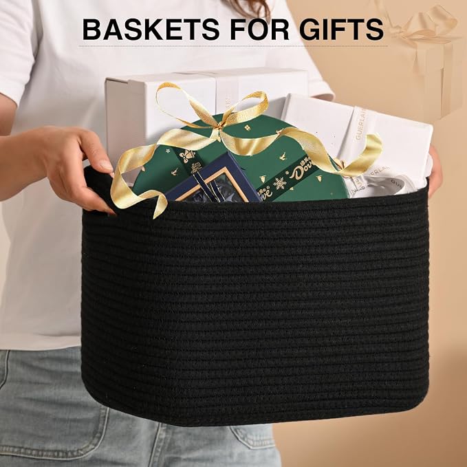ICERZCZ Woven Cotton Rope Storage Basket for Organizing, Cute Decorative Baskets for Gifts Empty, Organizer Bins for Dog Toy, Baby Laundry, 17“×13”×9.5“, Black - Image 3