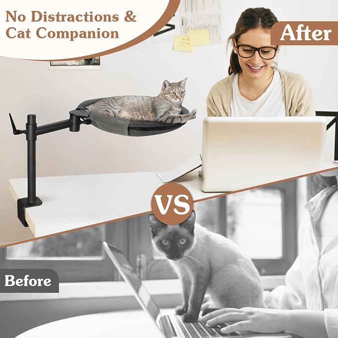 Cat Desk Bed - Sturdy Cat Bed for Desk with 360° Rotating & Adjustable Height, Elevated Cats Nest Perch for Desk, Grey - Image 4