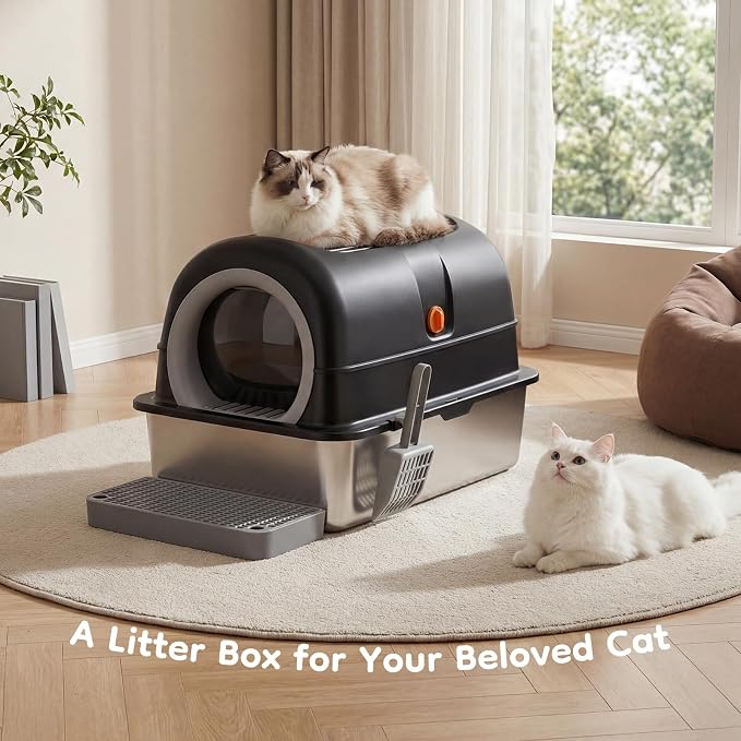 OLIXIS Stainless Steel Enclosed Litter Box with Lid, High Sided | Cat Litter Pan for Big Cats, Extra Large Cat Box with Scoop & Mat, Front & Top Entry, Easy Cleaning, Black - Image 7