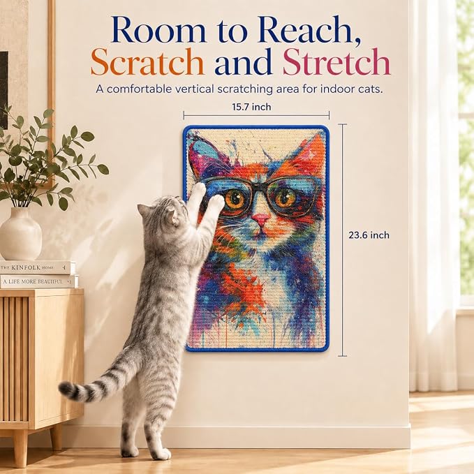 Art Sisal Cat Scratcher Mat, Cat Wall Scratchers for Indoor Cats | Wall Mounted Cat Scratcher, Natural Sisal, No-Drill Hook & Loop Setup, Floor or Wall Use, 23.6 x 15.7 Inch, Graffiti Cat - Image 2
