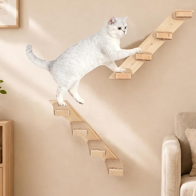 Cat Climbing Stair Shelf, Wall Mounted Reversible Ladder 2PCS 4 Steps | Reversible Left & Right Direction, For Cats up to 10 Pounds, Jute Scratching Ladder, Space Saving, 4-Step Design, Wall Mount by PELUOMOZ
