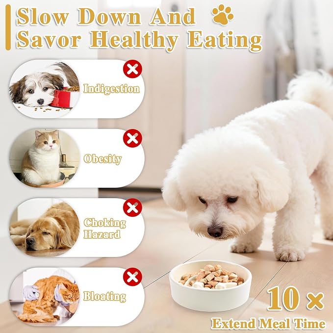 Ceramic Slow Feeder Dog Bowls, 0.6 Cups Dog Food Dish for Small Breed | Puzzle Dog Food Bowl for Fast Eater, 15OZ, 6.3 inch (Beige) - Image 5