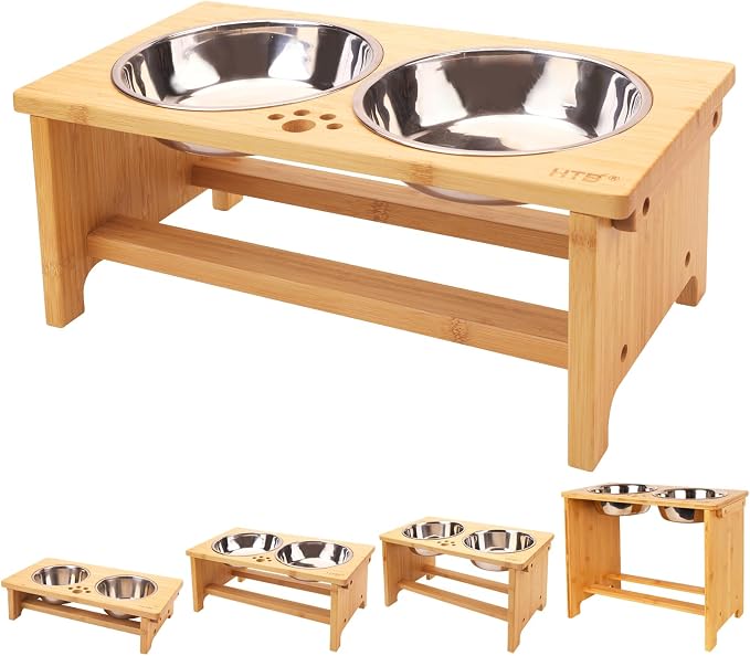 HTB Elevated Dog Bowl Stand with 2 Stainless Steel Bowls-7" H Medium Bamboo | Raised Dog Bowl Stand, 7"tall, 29 Oz Bowls, for Medium Sized Dogs, Pet-safe, Solid Bamboo by HTB