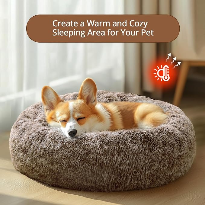 JOLLYVOGUE Calming Dog Bed Medium Size Dog, Anti-Anxiety Donut Medium Pet Bed, 27 inches Fluffy Faux Fur Round Cat Bed (Smoke Brown) - Image 4
