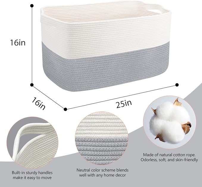 MEGASKET XXXXL Blanket Basket, 25" x 16" x 16"(108L) Rectangle Basket for Blankets Living Room, Extra Large Wicker Woven Blanket Pillow Storage Bin, Soft Kids Dog Toy Box Storage Bin Organizer - Image 2