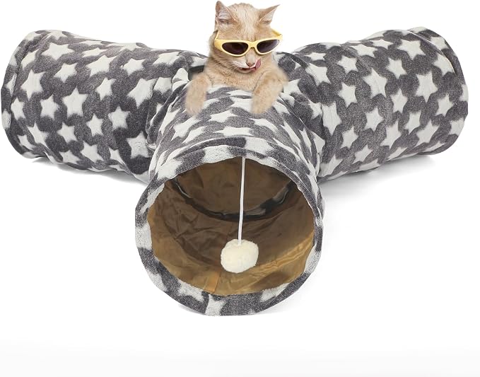 Cat Tunnel Toy- 3 Way-Shaped, Gray Star Pattern, Soft Velvet Exterior, Oxford Fabric Fog-Proof Interior, Plush Toy Ball, Easily Washable, Conveniently Foldable by MAKEPETLUCKY-WelcometoCatTunnelClub