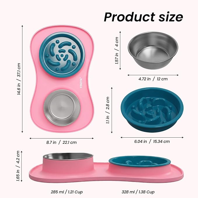 YINEYA 3 in 1 Slow Feeder Dog Bowls,Dog Water Bowl,Cat and Dog Food Bowl | Stainless Steel Dog Bowls with Non-Spill Dog Bowl Mat, Anti-Choking Puppy Bowls, Easy Clean for Large Medium Small Dogs Cats - Image 4