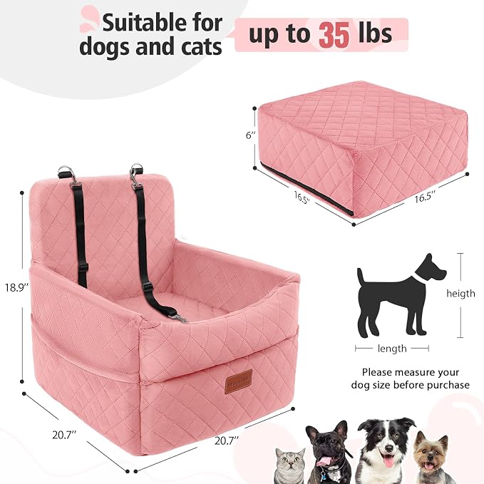 HEGGCOOE Dog Car Seat for Small Medium Dogs, Memory Foam Puppy Dog Booster Seat with Thick Cushion for Dogs Under 35lbs, Detachable Washable Pet Car Seat Travel Bed with Storage Pockets,2 Safety Belts - Image 3