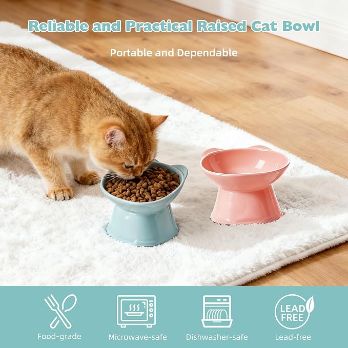 KSIA Klear Elevated Cat Bowls 2 Pack, Tilted Raised Cat Bowls for Indoor Cats, for Food and Water, 4.72" Wide, Whisker Friendly Anti Vomit for Indoor Cats, Microwave and Dishwasher Safe, Pink&Blue - Image 2