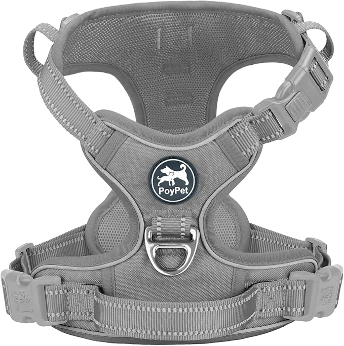 PoyPet No Pull Dog Harness, Reflective Vest with 2 Leash Clips & Handle | Lockable Neck Release Buckle, No Choke, Adjustable, Soft Padded, for Walking Training, Gray, Large by PoyPet