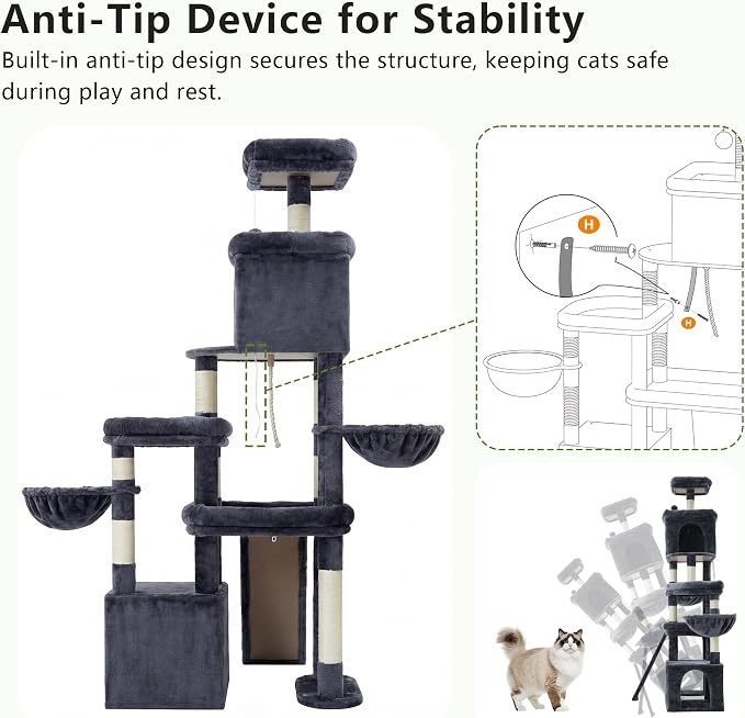 Heybly Cat Tree 72.4-Inch Anti-Tip Cat Tower with Spacious Perches HCT060G | All-in-One Cat Furniture for Large Cats, Multiple Interactive Areas, Extra-Large Sisal Scratching Board, Smoky Gray - Image 6