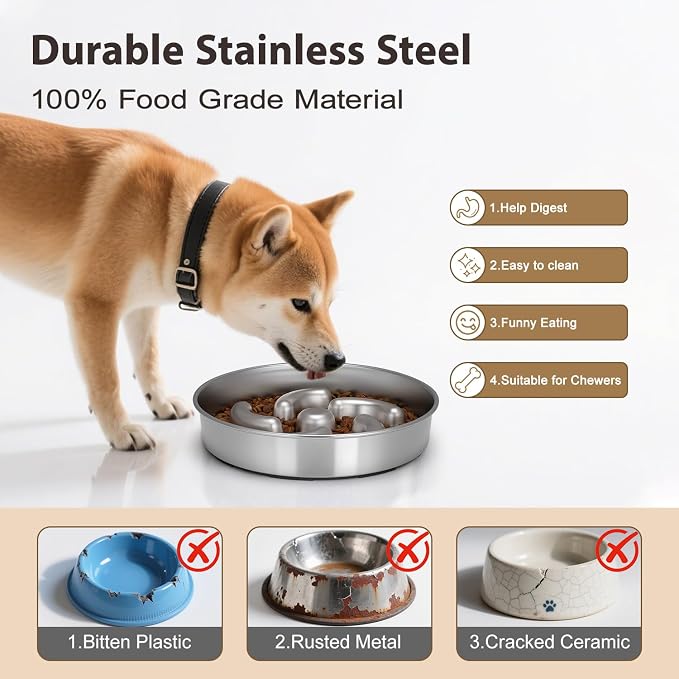 Slow Feeder Dog Bowl, 2 Cups Stainless Steel Heavy Duty Bowl Non-Slip Base | Puzzle Maze Non-Slip Design, Premium Heavy Duty Steel Structure, Slows Down Eating for Medium and Large Breed Dogs - Image 2