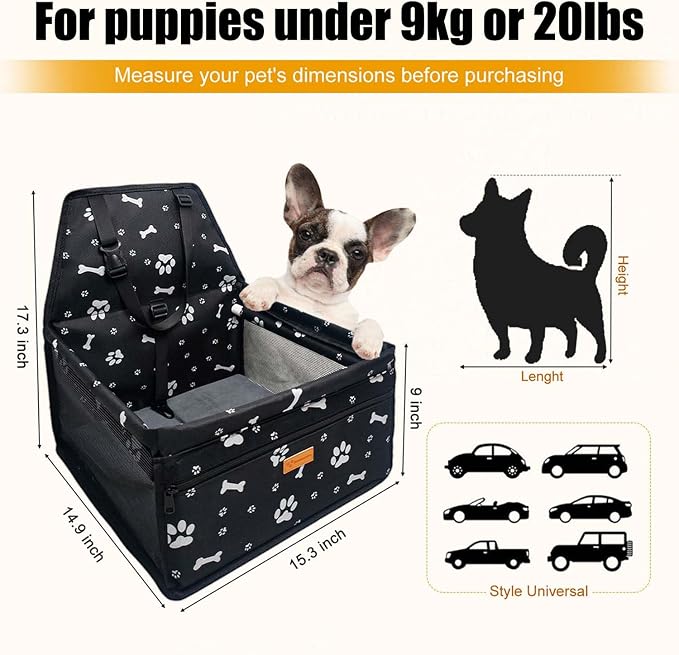 Pet Dog Booster Seat, Upgrading the Framed wall to Prevent Collapse，Breathable and Foldable Pet Car Basket，Removable andWashable pet car seat (Black Footprints) - Image 6