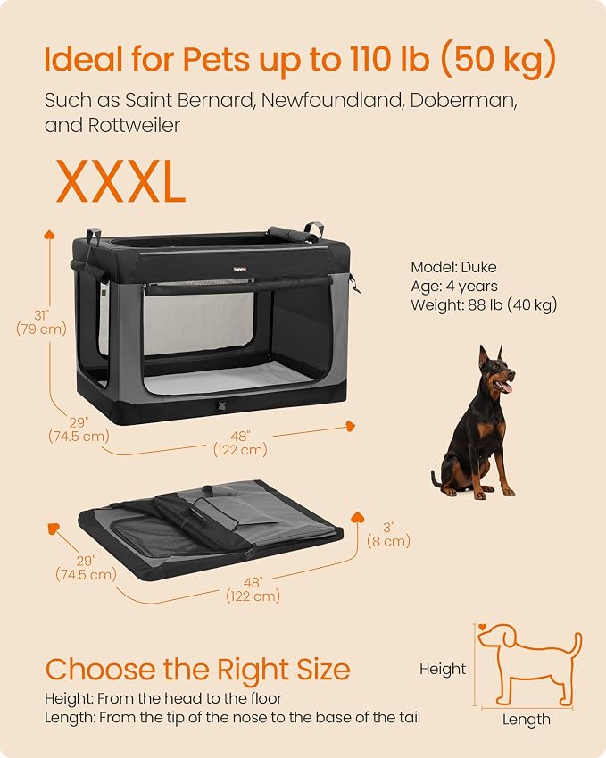 Feandrea Collapsible Dog Crate, Portable Oxford Fabric Pet Carrier, 48-Inch | For Extra Large Dogs, 4 Mesh Doors, Handles, Storage Pocket, Water Bottle Holder, Black and Gray BAX Collection UPDC022BH01 - Image 6