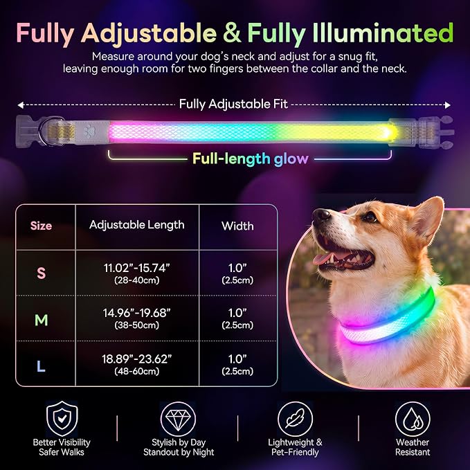 Multicolor LED Dog Collar USB-C Rechargeable, Light Up Dog Collar, Rainbow Gradient Glowing Dog Collar with 4 Light Modes, Adjustable Candy Mesh Pet Collar(Yellow, Small) - Image 7