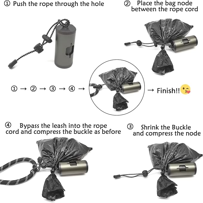YUCHIYA Aluminum Dog Poop Bags Holder with Carabiner Metal Pet Waste Bags Dispenser with Hook and Loop Fastener and Elastic Cord to Carry Used Bags (Olive Green, 1 Holder 15 Bags) - Image 6