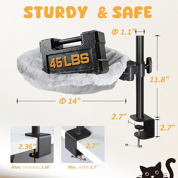 Topmart Cat Desk Bed with 360° Rotating & Adjustable Height | Cat Hammock for Desk with 2 Washable Pads, Easy to Install, Kittens Bed Attachment for Home Office,Up to 45LBS, Grey & Black - Image 4