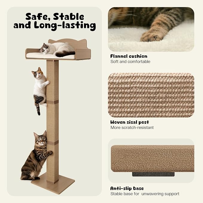 Cat Window Perch with Thick Sisal Scratching Post, Cats Hammock for Window with 3 Upgrade Suction Cups, 55" Adjustable Tall Cat Scratching Post with Large Perch, Cats Window Bed with Fluffy Cushion - Image 4