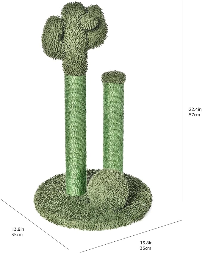 Amazon Basics Sisal Cat Scratching Post, Indoor Cactus Triple Posts for Cats & Kittens with Dangling Ball, Small, 22.4"H, Green - Image 5