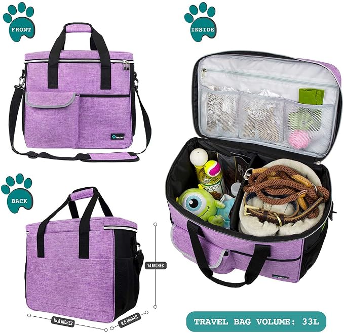PetAmi Dog Travel Bag Organizer, Pet Supplies Tote Diaper Bag, Purple Large | Pet Travel Kit with 2 Food Containers & 2 Collapsible Dog Bowls, Luggage Sleeve, Weekend Getaway Road Trip Camping Essentials - Image 2
