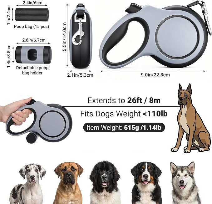 Segarty 26 Ft Walking Lead with Poop Bag Holder for Dog 66 lbs - 110 lbs, 8m Dog Leash Retractable with Anti-Slip Handle & One-Handed Brake Pause Lock, 360°Tangle-Free Leash for Pet Outside Activities - Image 2