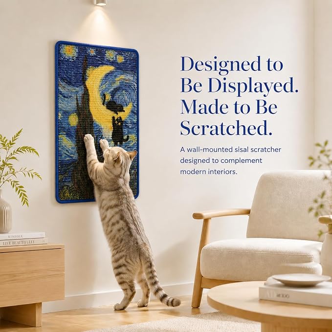 Art Sisal Cat Scratcher Mat, Cat Wall Scratchers for Indoor Cats | Wall Mounted Cat Scratcher, Natural Sisal, No-Drill Hook & Loop Setup, Floor or Wall Use, 23.6 x 15.7 Inch, Starry Night 2 - Image 8