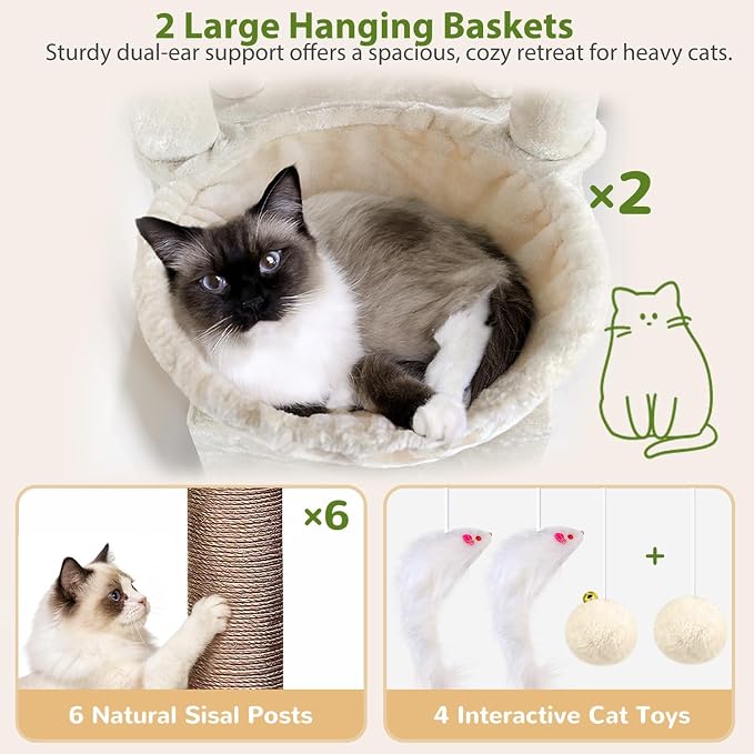 Globlazer 75in Sturdy Cat Tree Tower for Indoor Large Cats, S75, Beige | Multi-Level Heavy Duty Cat Tower with Scratching Post, Oversized Condos & Perches for Big Cats, Large Baskets, Enlarged Base - Image 4