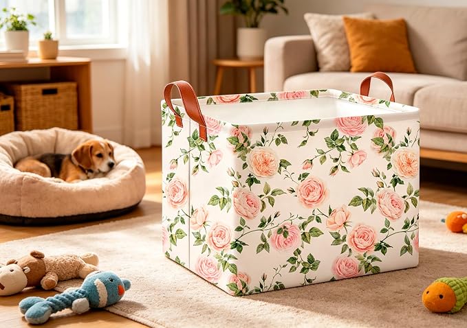 CLOCOR Rectangular Storage Basket Empty,Gift Basket,Waterproof Storage Bin with Handles,Room Decor(Watercolor Rose) - Image 3