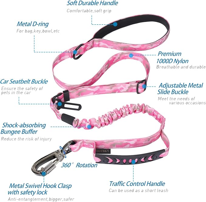 Hotsky Tactical Bungee Shock Absorbing No Pull Dog Leash,Pink Camo,4-6FT | Heavy Duty for Medium Large Dogs That Pull up to 660 lb,with Padded Double Handle ＆ Car Seatbelt,360°Rotating Locking Clasp - Image 2