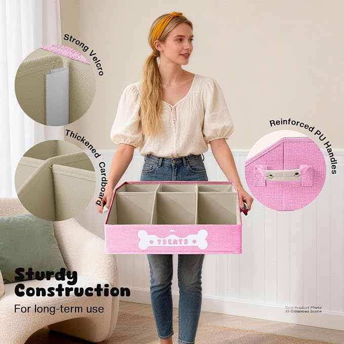 Dog Treat Container, Dogs Storage Organizer with Removable Dividers, Collapsible Dogs Treat Holder for Countertop, Trapezoid Pet Treats Containers, Dog Toy Basket with PU Handles, Medium, Pink - Image 5