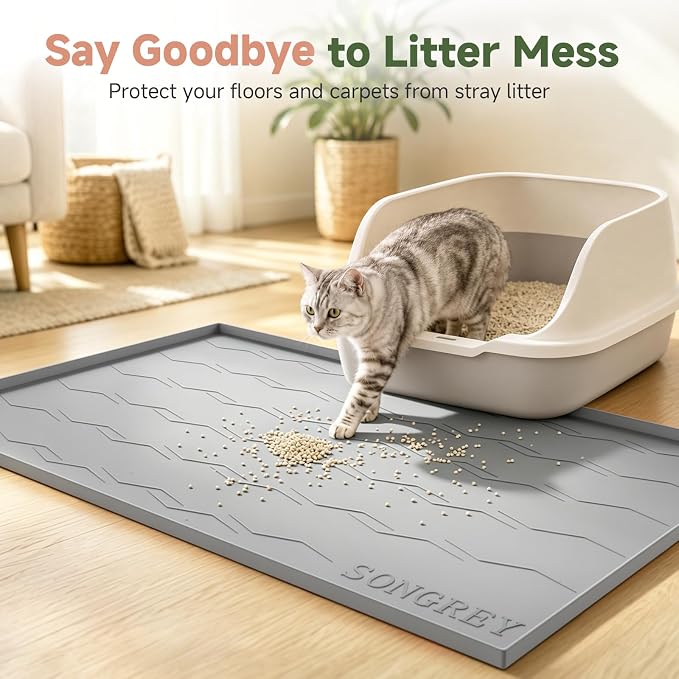 Songrey Silicone Cat Litter Mat 40" x 28", Large Litter Trapping Mat, Gray | Waterproof, Urine-Proof Litter Box Mat for Floor, Soft on Kitty Paws, Easy To Clean, Cat Supplies, Pet Feeding Mat - Image 3