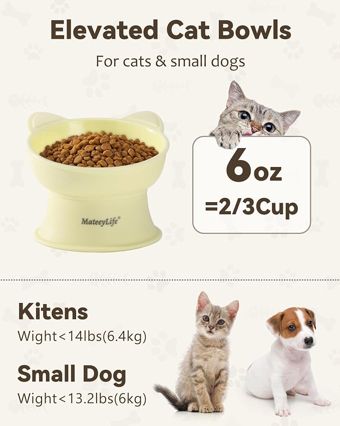 MateeyLife Raised Cat Bowls, Cat Food Bowl Elevated for Kittens & Small Dogs, 15°Tilted Protect Pets' Neck and Anti Vomiting, Whisker Friendly Food & Water Feeding Bowl, 6 oz Each - Yellow - Image 6